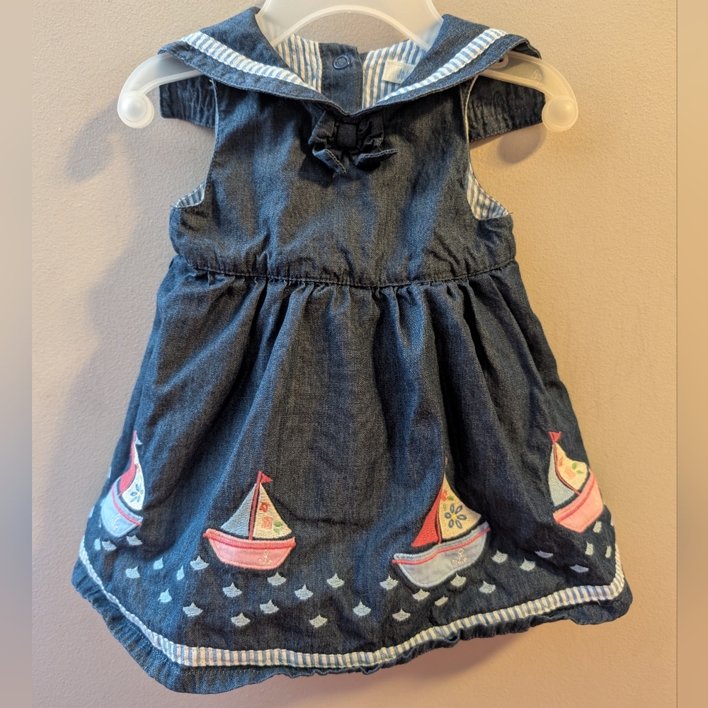 ⛵ JoJo Maman Bébé Blue Nautical Themed Baby Dress W Sailor Collar 0-3 Months